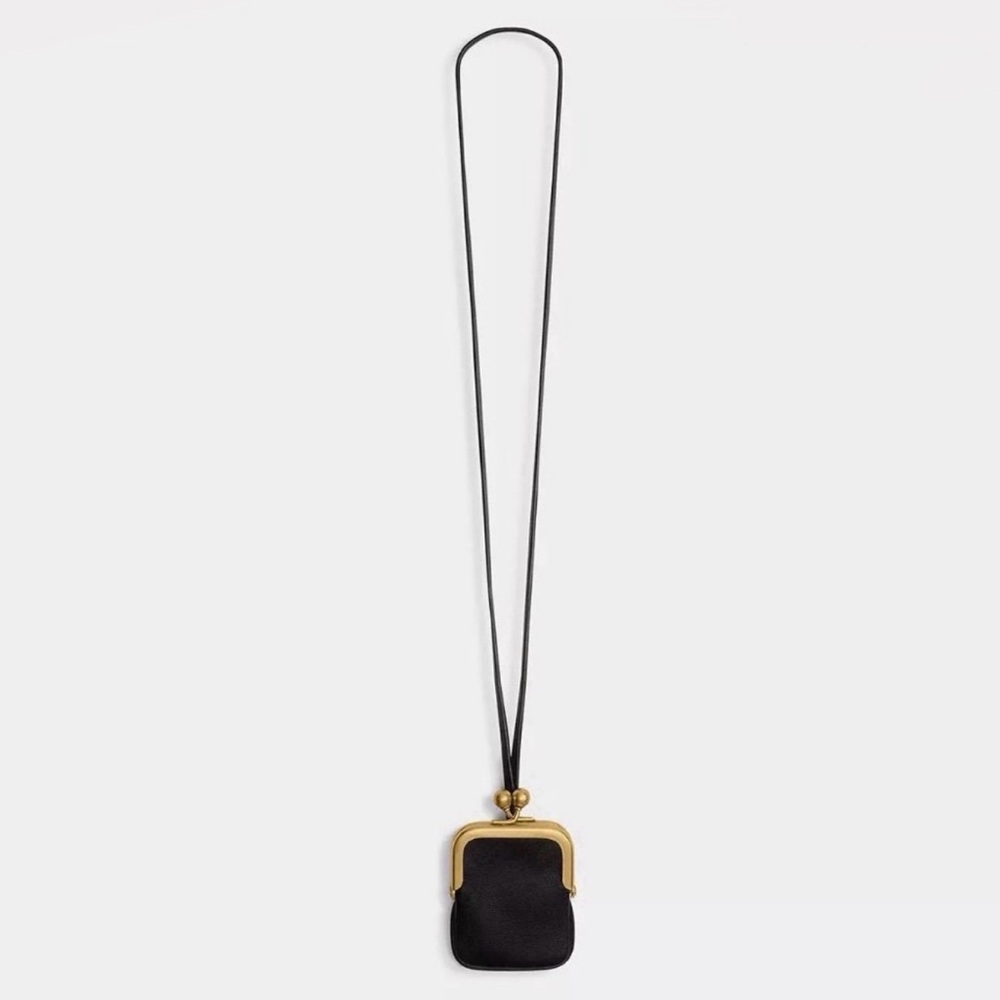 Coach Rectangular Kisslock Pouch Lanyard Brass/Black Natural Grain Leather NWT